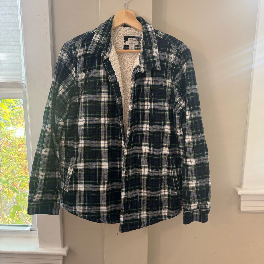 L.L. Bean Green and Blue Plaid Sherpa Shacket